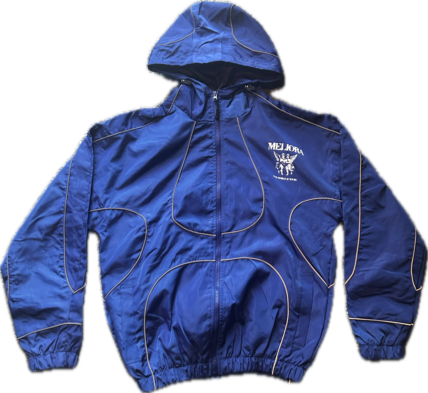 MELIORA THE WORLD IS YOURS ROYAL BLUE REFLECTIVE WINDBREAKER JACKET