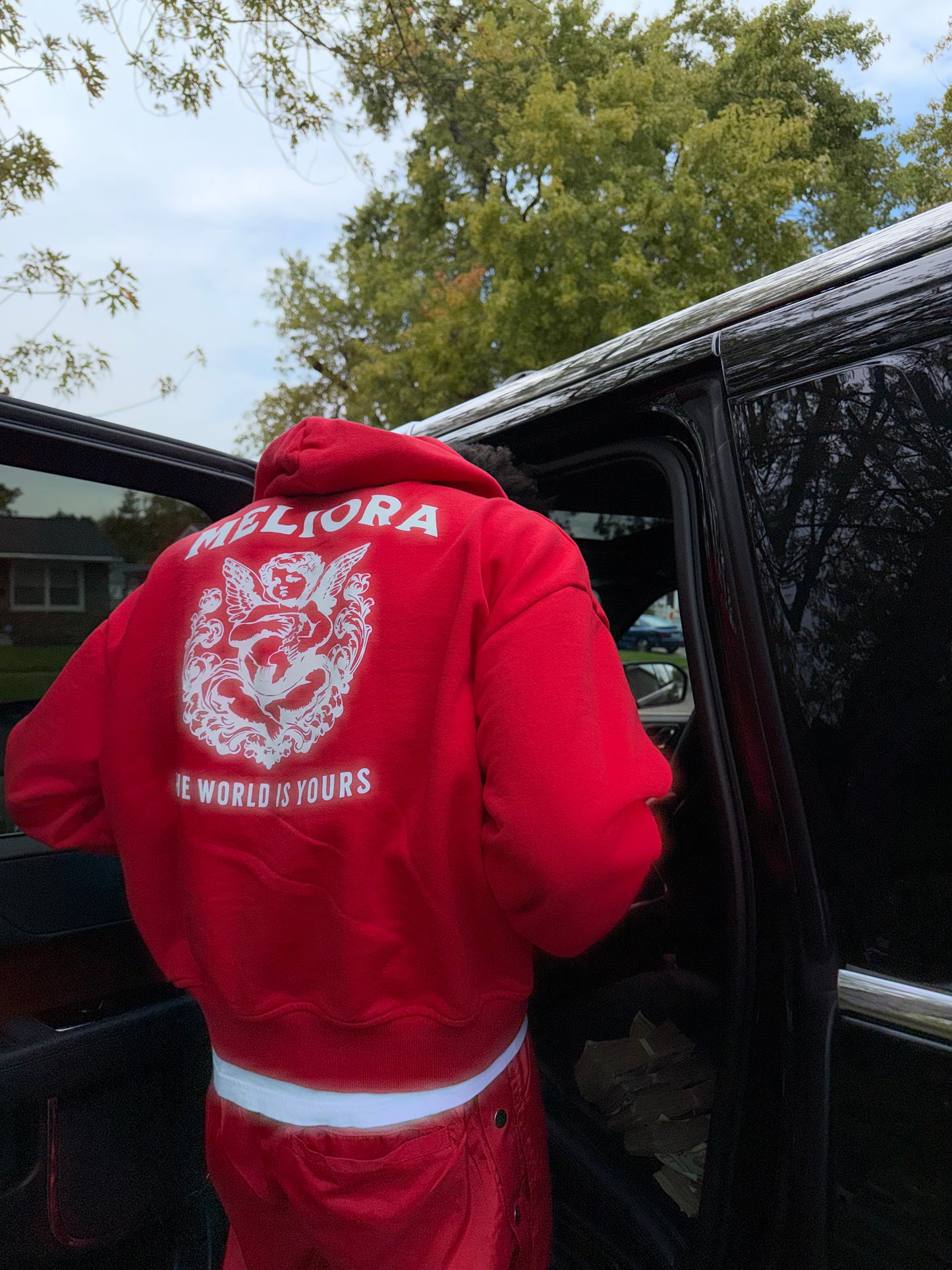 MELIORA WORLD IS YOURS RED CARPENTER HOODIE